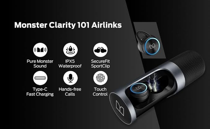 Monster Clarity 101 AirLinks Wireless Earbuds, Bluetooth 5.0 in-Ear Headphones with Charging Case, Stereo Earphones Deep Bass Sound, IPX5 Waterproof, Built-in Mic, Clear Call, Secure Fit for Sports