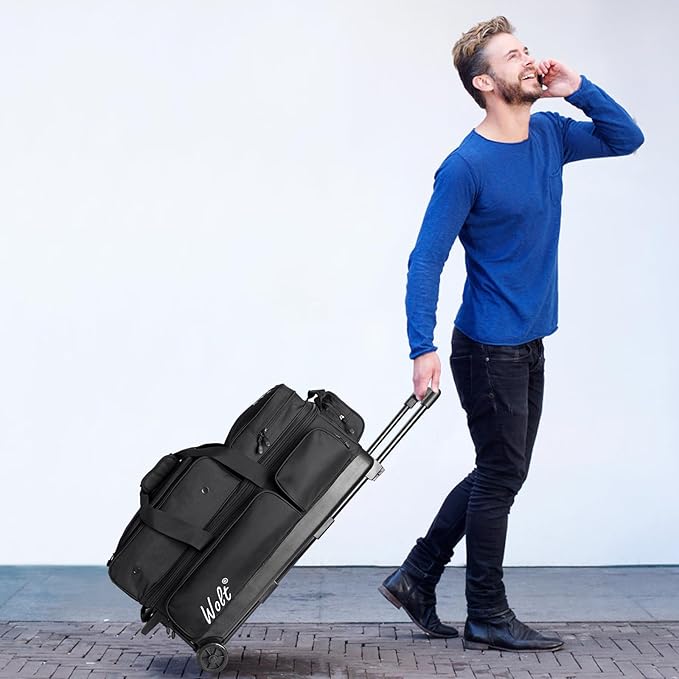 WOLT 3 Ball Bowling Bags with Wheels,Bowling Ball Bag 3 Ball Roller with Separate Shoe Compartment and Accessory Pocket, Retractable Handle Extends to 38’’