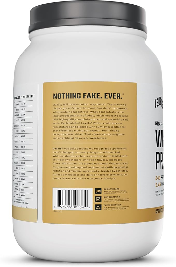 Levels Grass Fed Whey Protein Powder, No Artificials, 24G of Protein, Cappuccino, 2LB