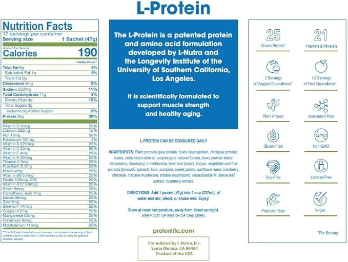 Prolon Longevity Plant Based Protein Powder | Muscle Synthesis & Repair, Healthy Aging, Boost Performance | Vitamins, Gluten Free, Amino Acids, Antioxidants | 25g of Protein | Berry, 12 Packets