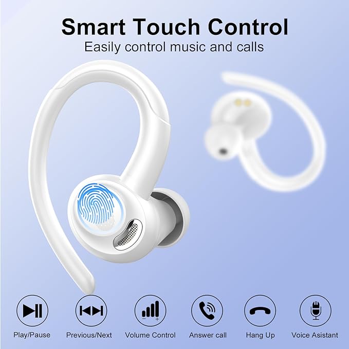 Wireless Earbuds Bluetooth 5.3 Headphones Sports, 48Hrs Playtime Bluetooth Earbuds with CVC 8.0 Mic, 2025 Stereo Bass Over Ear Bud with Earhooks, LED Display, IP7 Waterproof Earphon for Running White