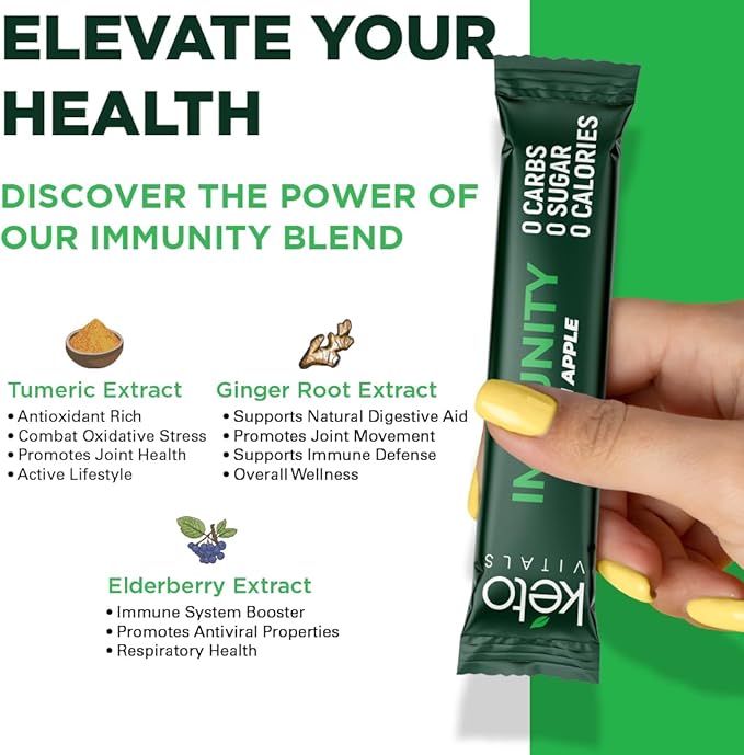 Keto Vitals Immunity Sugar Free Electrolytes Powder with Vitamin C, Ginger, Turmeric, & Elderberry - Boost Your Immune System and Rehydrate Your Body - Green Apple Flavor, 30 Count