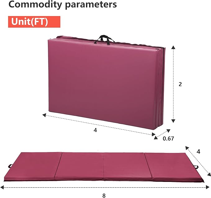 Gymnastics Tumbling Mats Portable Gymnastics Mat Foldable Tumbling Mat 2'x6'/4'x8' PU Leather Exercise Mat Yoga Mat with Carrying Handles for home Workout outdoor Yoga Gymnastics