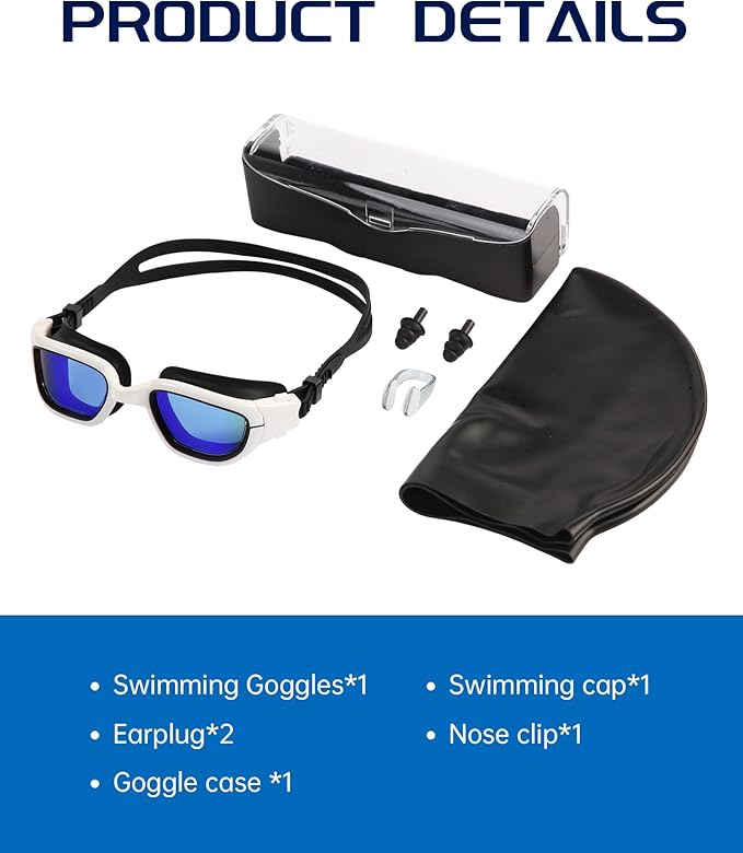 Swim Goggles, Goggles Adult with Swimming Cap, Nose Clip & Ear Plugs, UV Protection Anti-Fog Lens and Case for Adult