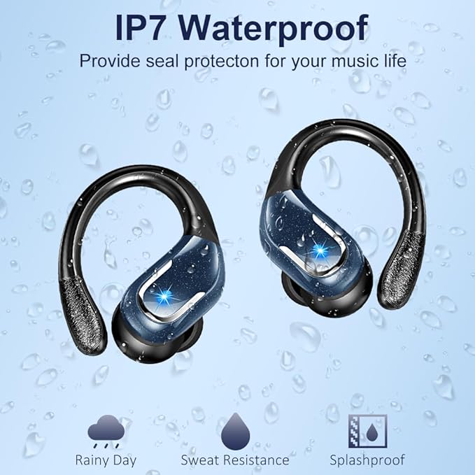 Wireless Earbud, Bluetooth 5.4 Headphones IP7 Waterproof Sport, 75Hrs Running Wireless Earphones with ENC Noise Canceling Mic, Deep Bass Over Ear bud with Earhooks for Android, iOS, Workout, Gym, Blue