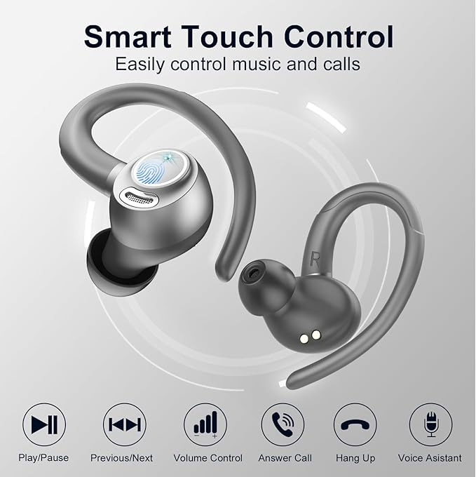Wireless Earbuds Bluetooth 5.3 Headphones Sports, 48Hrs Playtime Bluetooth Earbuds with CVC 8.0 Mic, Stereo Bass Over Ear Bud with Earhooks, LED Display, IP7 Waterproof Earphon for Running Gray