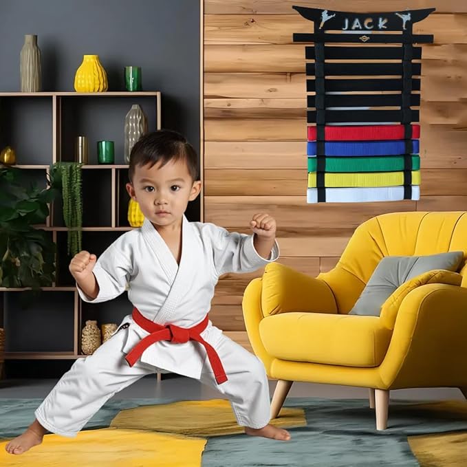 Martial Arts Belt Display Rack, Wooden Wall Mount, Karate and Taekwondo Belt Holder