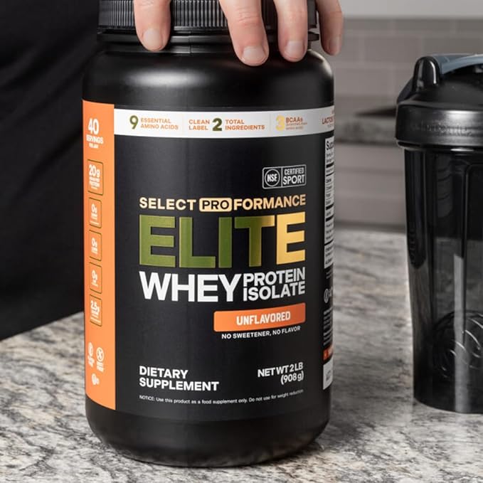 Select Proformance Elite Whey Protein Isolate Powder, Unflavored, NSF Certified, No Added Sugar, 20g of Protein per Serving, 40 Servings, 2 Lbs