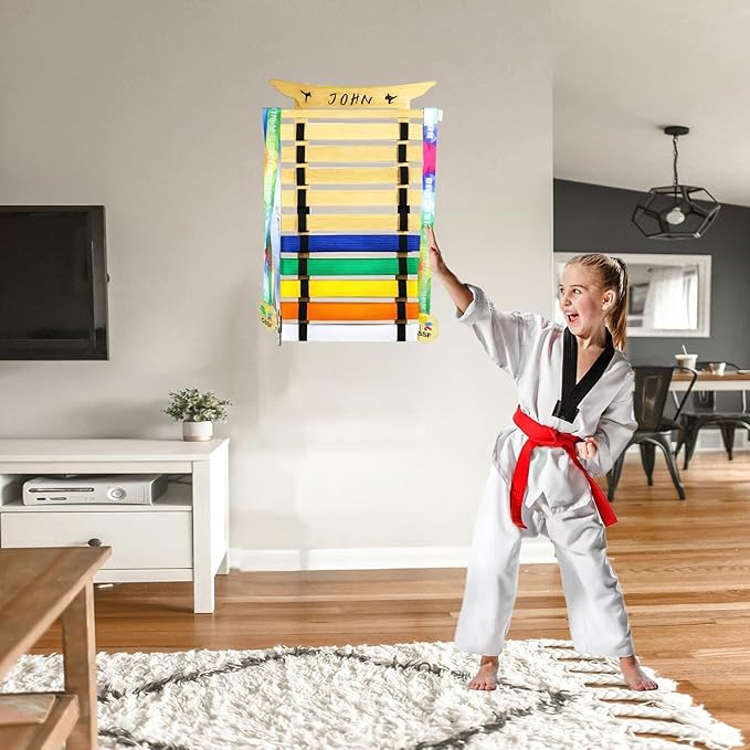 Martial Arts Belt Display Rack, Wooden Wall Mount, Karate and Taekwondo Belt Holder