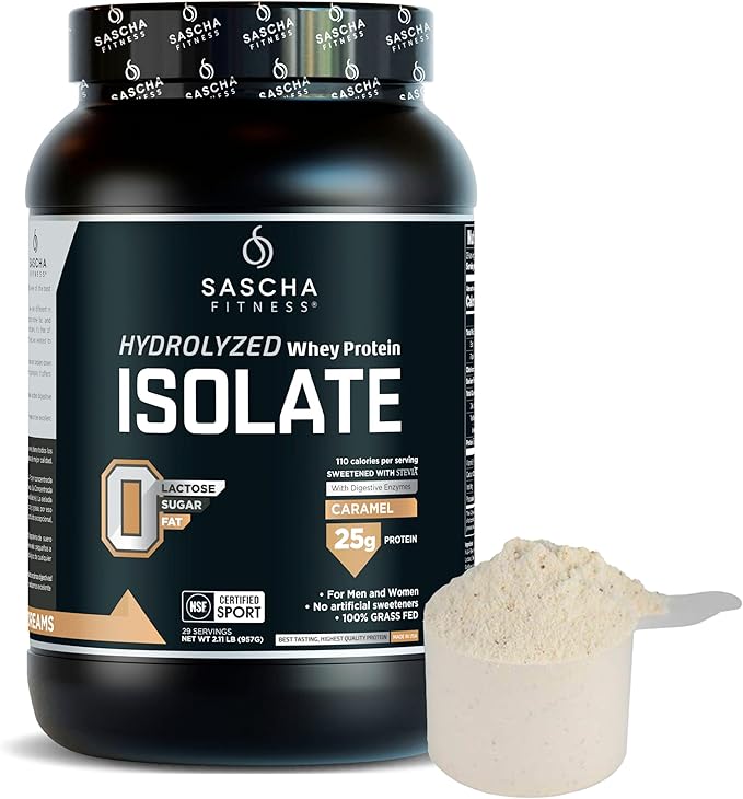 SASCHA FITNESS Hydrolyzed Whey Protein Isolate,100% Grass-Fed (2.11 Pounds) (Caramel Flavor)