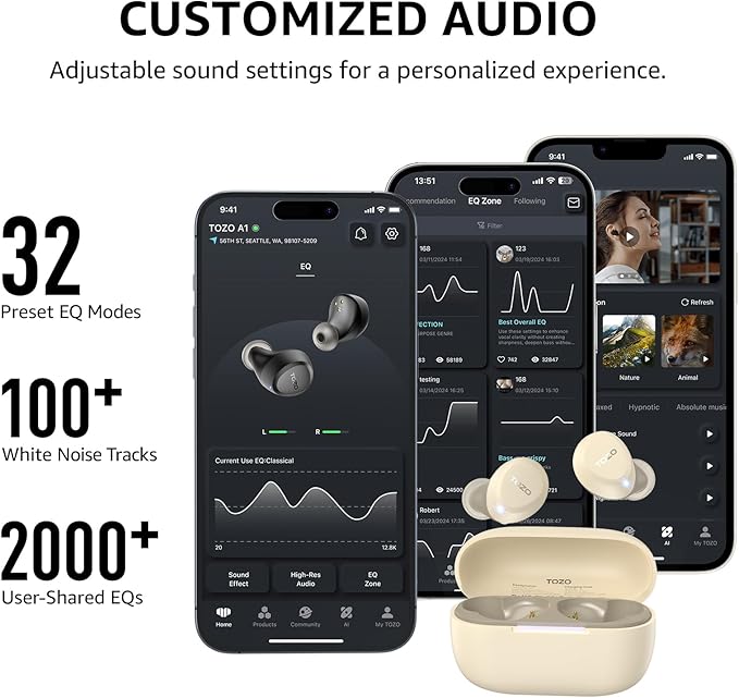 TOZO A1 Wireless Earbuds Bluetooth 5.3 Light Weight in Ear IPX5 Waterproof Headphones 2 Mic for AI Calls, Immersive Premium Sound Bass Headset with Charging Case, 32 Presets EQ Customization via App