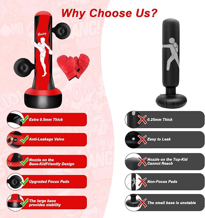 Punching Bag for Kids Teens Boys Girls, 69" Kids Punching Bag with Focus Pads & Gloves, Boxing Bag, Inflatable for Boys Girls Age 3-6-9-12-18 Christmas Birthday Toys