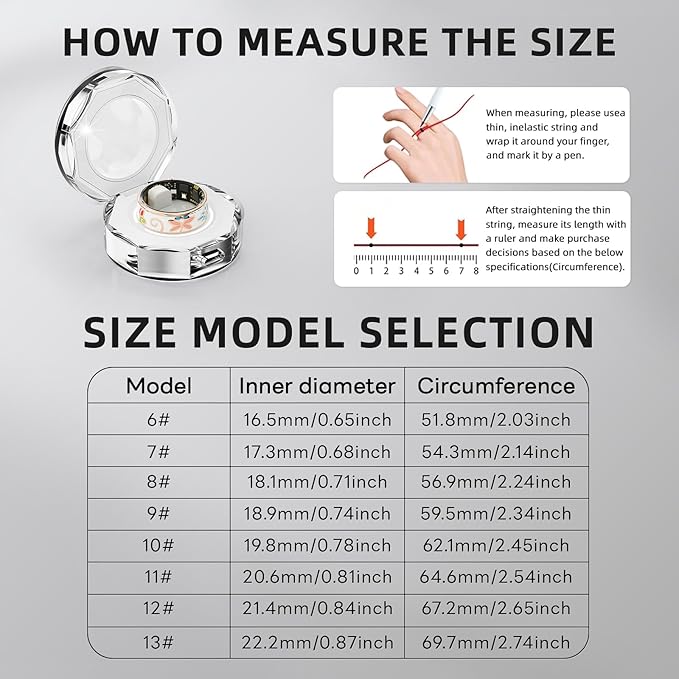 Smart Ring Health Tracker, for men and women, equipped with heart rate monitor, sleep tracker, 8 exercise modes, step counter, 5-7 days battery life, no subscription fee, IP68 waterproof R18-10