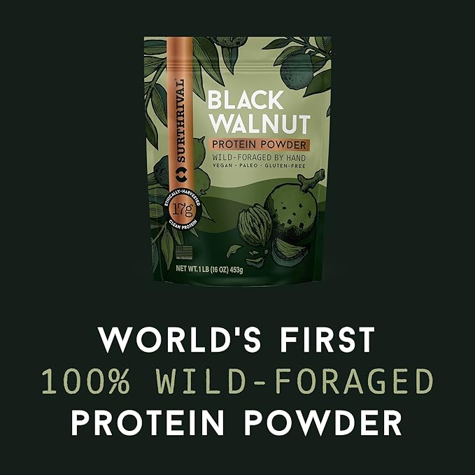 Surthrival: Black Walnut Protein Powder, Wild-Foraged, Ethically-Harvested, 17g Protein, USA Sourced, Vegan, Paleo, Gluten-Free, 1lb
