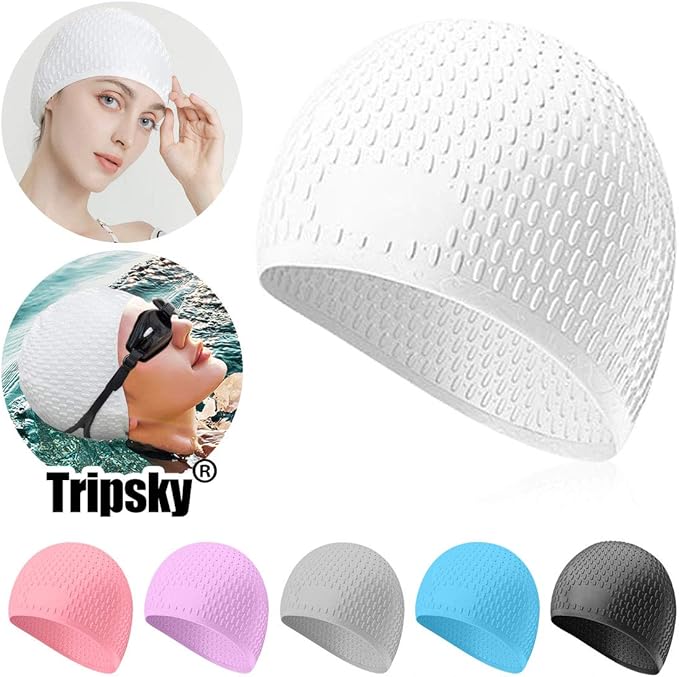 Tripsky Silicone Swim Cap,Comfortable Bathing Cap Ideal for Curly Short Medium Long Hair, Swimming Cap for Women and Men, Shower Caps Keep Hairstyle Unchanged…