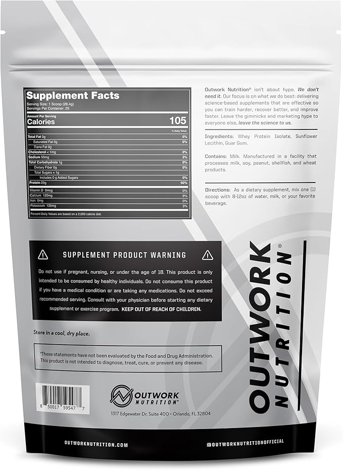 Outwork Nutrition Whey Isolate Protein Powder - Accelerates Muscle Building & Recovery - Low Lactose, Gluten-Free - Post Workout Supplement - Enhanced Protein Synthesis, Unflavored, 1.56lbs