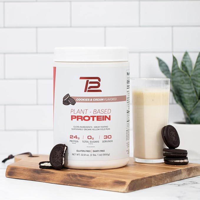 TB12 Plant Based Protein Powder by Tom Brady, 24g of Vegan Pea Protein, Low Sugar, Low Carb, Non-GMO, Meal Replacement, Keto Friendly, Paleo, Sugar Free, Cookies and Cream Flavor (30 Servings)