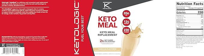 Ketologic Keto Meal Replacement Shake Powder for Optimal Results + MCT Oil + Grass-Fed Whey - Perfectly Formulated Macros for Ketosis - 20 Servings - Vanilla