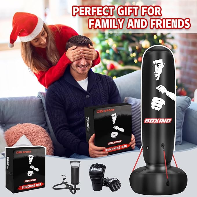 Punching Bag for Adults, 71" Boxing Bag with Stand and Fixed Rope,Free Standing Freestanding Punch Bag with Gloves and Pump, Inflatable Heavy Boxing Bag Set for Adults Teens Men Youth at Home Outdoor