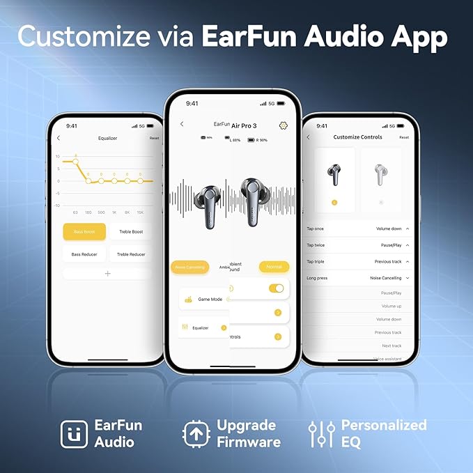 EarFun Air Pro 3 Noise Cancelling Earbuds, Qualcomm® aptX™ Adaptive Sound, 6 Mics CVC 8.0 ENC, Bluetooth 5.3 Earbuds, Multipoint Connection, 45H Playtime, App Customize EQ, Wireless Charging