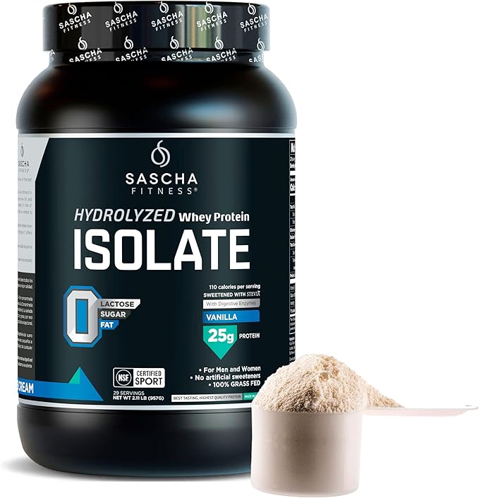 SASCHA FITNESS Hydrolyzed Whey Protein Isolate,100% Grass-Fed (2 Pounds, Vanilla)