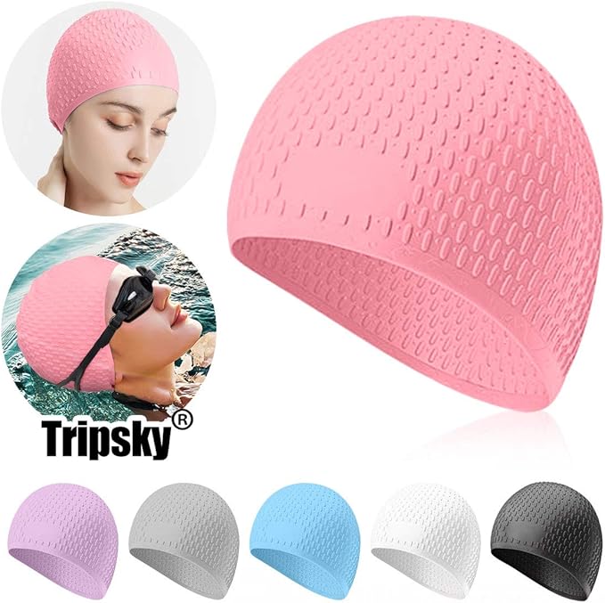 Tripsky Silicone Swim Cap,Comfortable Bathing Cap Ideal for Curly Short Medium Long Hair, Swimming Cap for Women and Men, Shower Caps Keep Hairstyle Unchanged…