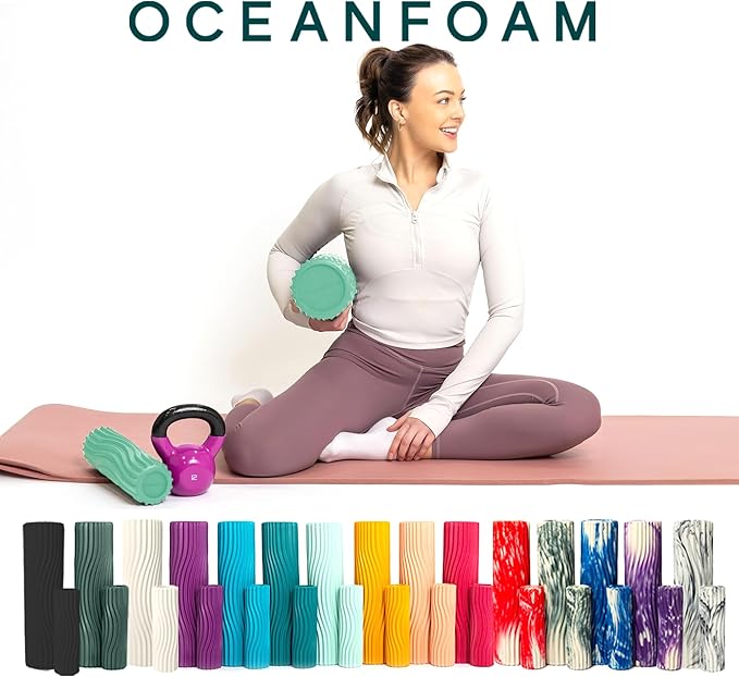 Oceanfoam Ripple Travel Foam Roller (11" x 3.35") Firm Mini Foam Roller for Physical Therapy, Deep Tissue Massage, Back Pain - High Density, Ergonomic Wave Textured - Yoga, Pilates, Exercise (Seafoam)