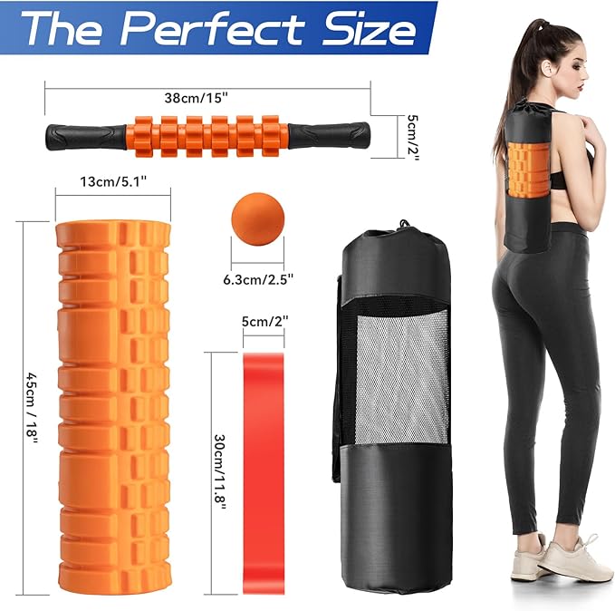 5 in 1 Foam Roller High Density Foam Roller Set for Deep Tissue Muscle Massage, 18" Trigger Point Fitness Exercise Massage Roller, Self-Myofascial Release for Whole Body (Orange)