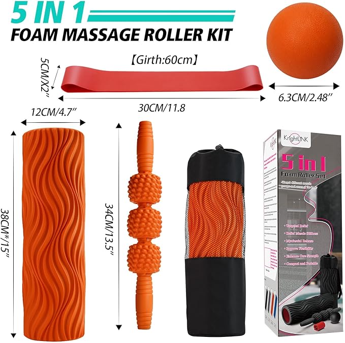 5-in-1 Foam Roller Set, Massage Roller Stick, Massage Ball, Resistance Band for Deep Muscle Massage, Trigger Point Release, Pilates, Yoga (Orange-Wave)
