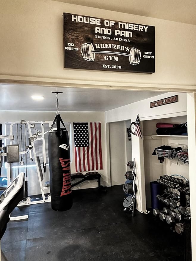 Tailored Canvases Personalized Gym Sign Wall Art Decor - Motivational Canvas for Home Gym, Workout Room, Garage, Fitness Center - Workout Inspirational Posters - House of Misery and Pain, Wooden 60x30in