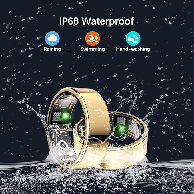 Health Tracker Ring, Smart Health Ring for Women Men with Heart Rate, Blood Oxygen, Sleep Monitor, Steps,Calories, No Subscription Fee, IP68 Waterproof Smart Ring for iPhone & Android (Gold, 13#)