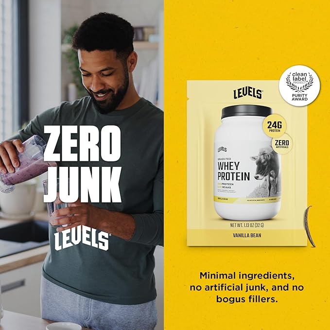 Levels Grass Fed Whey Protein Powder, No Artificials, 24G of Protein, Vanilla Bean, 12 Count