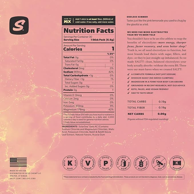 Keto Chow SALTT Electrolytes Powder Packets, Endless Summer (30 Hydration Packets) - Magnesium, Potassium, Sodium, Trace Minerals - Vegan, Sugar Free, Gluten Free - Travel Essentials - Made in USA