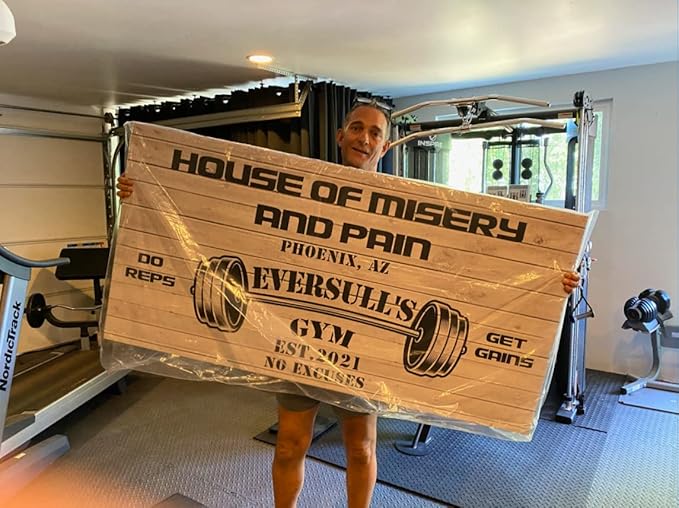 Tailored Canvases Personalized Gym Sign Wall Art Decor - Motivational Canvas for Home Gym, Workout Room, Garage, Fitness Center - Workout Inspirational Posters - House of Misery and Pain, White Wood 20x10in