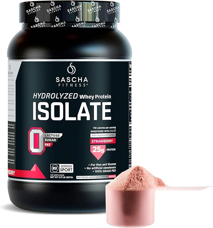 SASCHA FITNESS Hydrolyzed Whey Protein Isolate,100% Grass-Fed (2 Pounds, Strawberry)