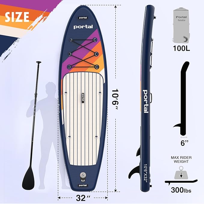 PORTAL SUP Inflatable Paddle Board for Adults 10'6'' Stand Up Paddleboard,Non-Slip Deck Blow up Paddle Boards with Adjustable Paddle, Carry Bag, and Repair Kit