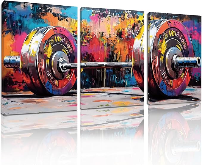 sawjug Gym Barbell Wall Decor, Colorful Graffiti Canvas Wall Art, Gym Motivational Wall Art, Colorful Pictures Wall Decor, Wall Painting for Living Room, Bedroom (12" x 18" x 3 pcs)