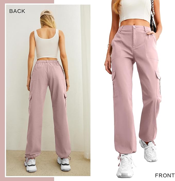 Lepunuo Women's High Waisted Cargo Pants Travel Y2K Streetwear Baggy Stretchy Pants with 6 Pockets Drawstring Ankle Cuffs