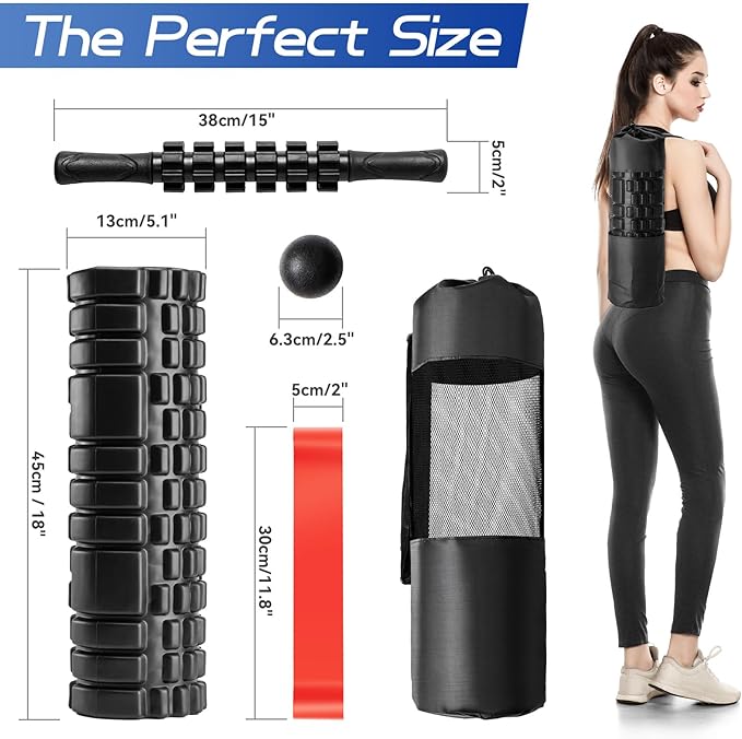 5 in 1 Foam Roller High Density Foam Roller Set for Deep Tissue Muscle Massage, 18" Trigger Point Fitness Exercise Massage Roller, Self-Myofascial Release for Whole Body (Black)