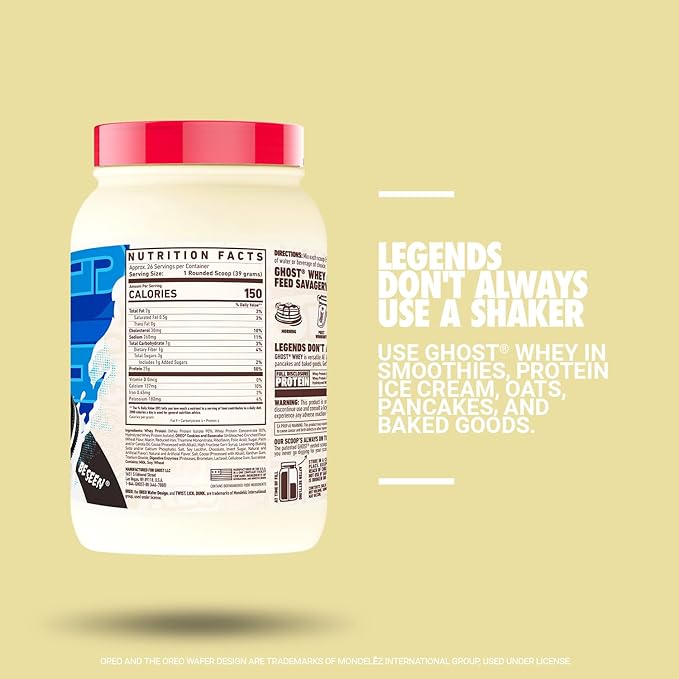 GHOST Whey Protein Powder, Oreo - 2LB, 25G of Protein - Whey Protein Blend -Post Workout Fitness & Nutrition Shakes, Smoothies, Baking & Cooking - Cookie Pieces Inside