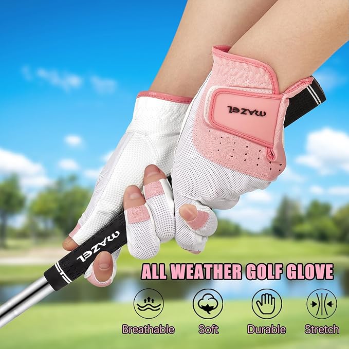 MAZEL Women's Fingerless Golf Gloves One Pair Open-Finger Design,Breathable Hot Wet Weather Sweat-Absorbing,Fit Size S M L XL