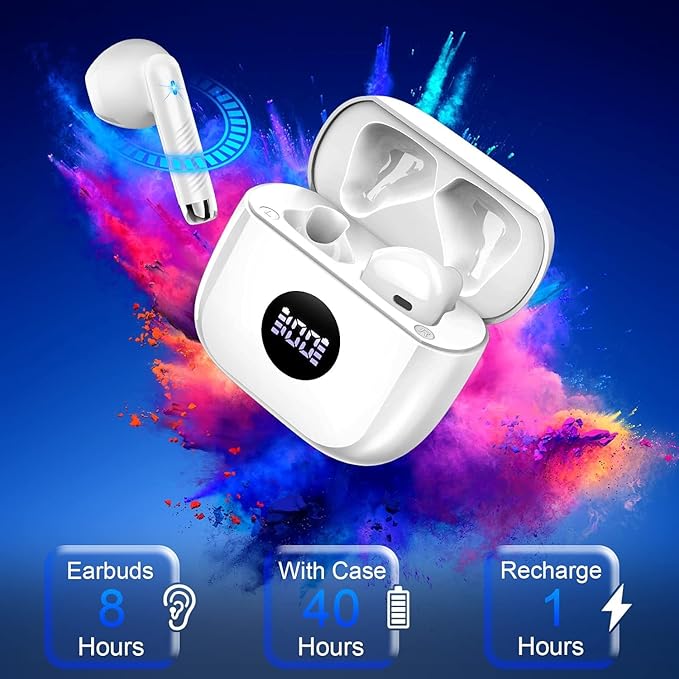 Wireless Bluetooth 5.4 Earbuds, Ear Buds LED Power Display Headphones 6D Stereo, Bluetooth Earbuds in-Ear Noise Cancelling Mic, 40H Playback Mini Case IP7 Waterproof Sports Earphones for Android iOS