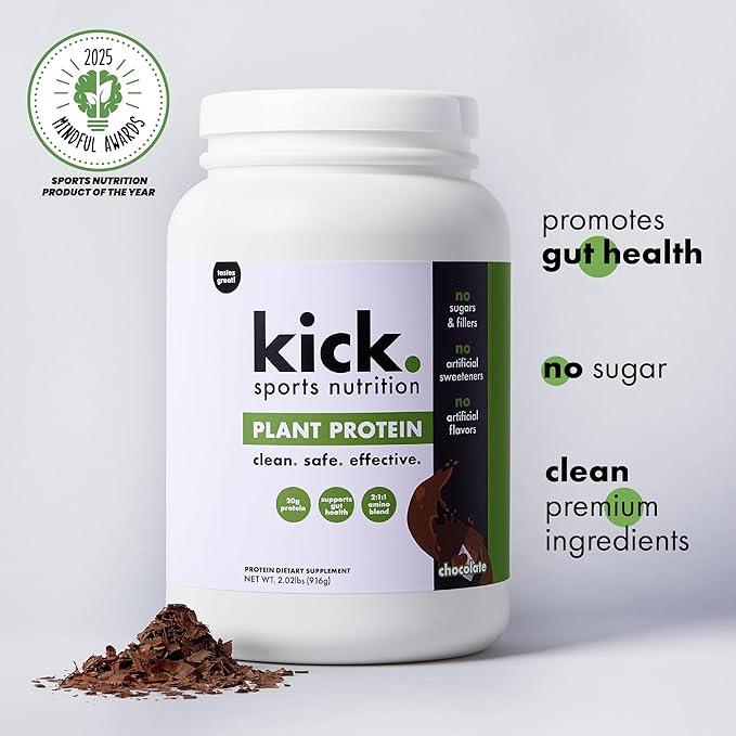 Kick Plant Protein Powder, Chocolate Flavor, 20 G Protein, Gluten Free Workout Supplement with Aminos Acids to Support Fitness Goals & Gut Health, No Sugar, No Artificial Flavors, 28 Servings