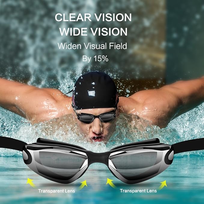 Swim Goggles Swimming Goggles No Leaking with Nose Clip, Earplugs, Swim Cap and Case for Men Women