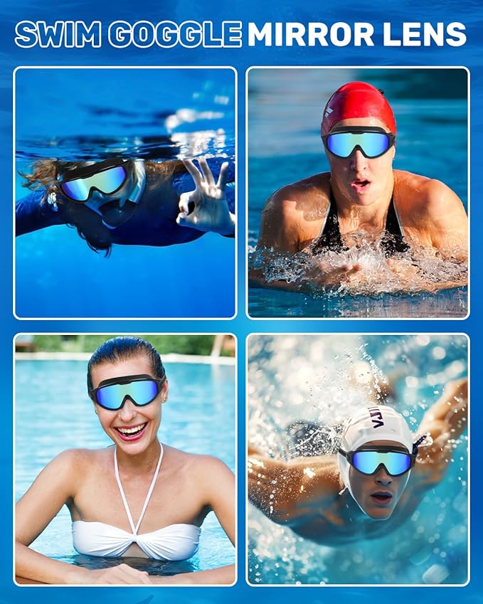 Swim Goggles for Adults, Wide View Anti-Fog & UV Swimming Goggles with Nose Clip & Ear Plugs, No Leak