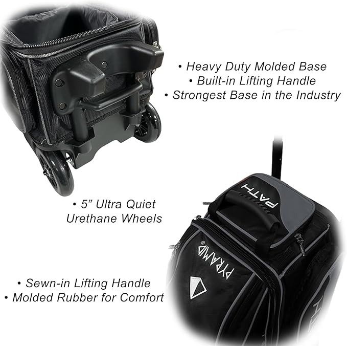 Pyramid Path Triple Premium Deluxe Roller Bowling Bag With Extra Large Separate Shoe Compartment (Up To US Mens Size 16) and 5 Accessory Pockets, 5" Wheels, Retractable Locking Handle - Extends to 42"