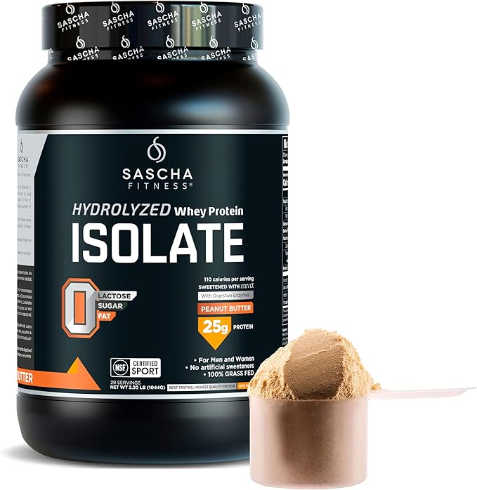 SASCHA FITNESS Hydrolyzed Whey Protein Isolate,100% Grass-Fed (2.3 Pounds, Peanut Butter)