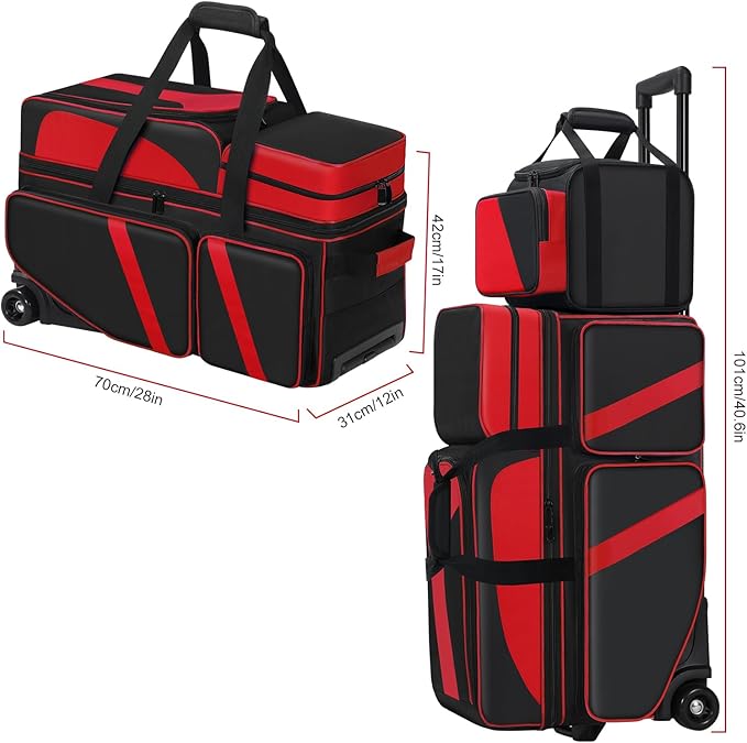 4 Ball Bowling Bag with Wheels, Bowling Bag 4 Ball Roller with Multi-pocket & Shoe Compartment & Retractable Handle, 3 Ball Roller Bag + 1 Ball Color Matching Add On Tote