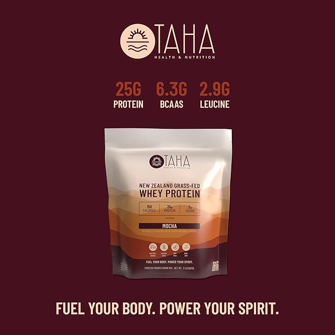 Taha Health & Nutrition Mocha Flavored Whey Protein Concentrate Powder, 25g Protein, 140 Calories, 2g Sugar | New Zealand Grass-Fed, Free-Range Dairy | Gluten and Soy Free, Keto, Kosher | 2LB