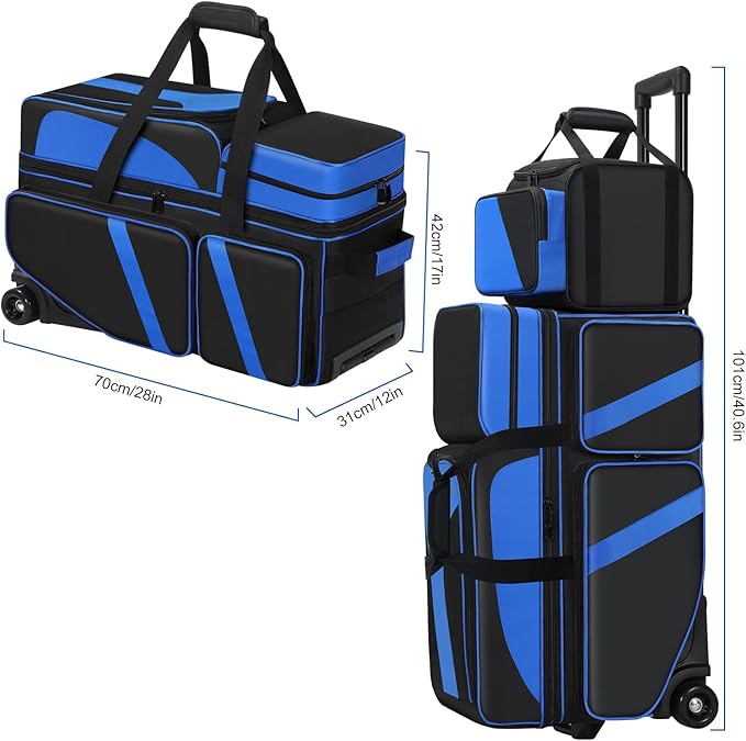 4 Ball Bowling Bag with Wheels, Bowling Bag 4 Ball Roller with Multi-pocket & Shoe Compartment & Retractable Handle, 3 Ball Roller Bag + 1 Ball Color Matching Add On Tote